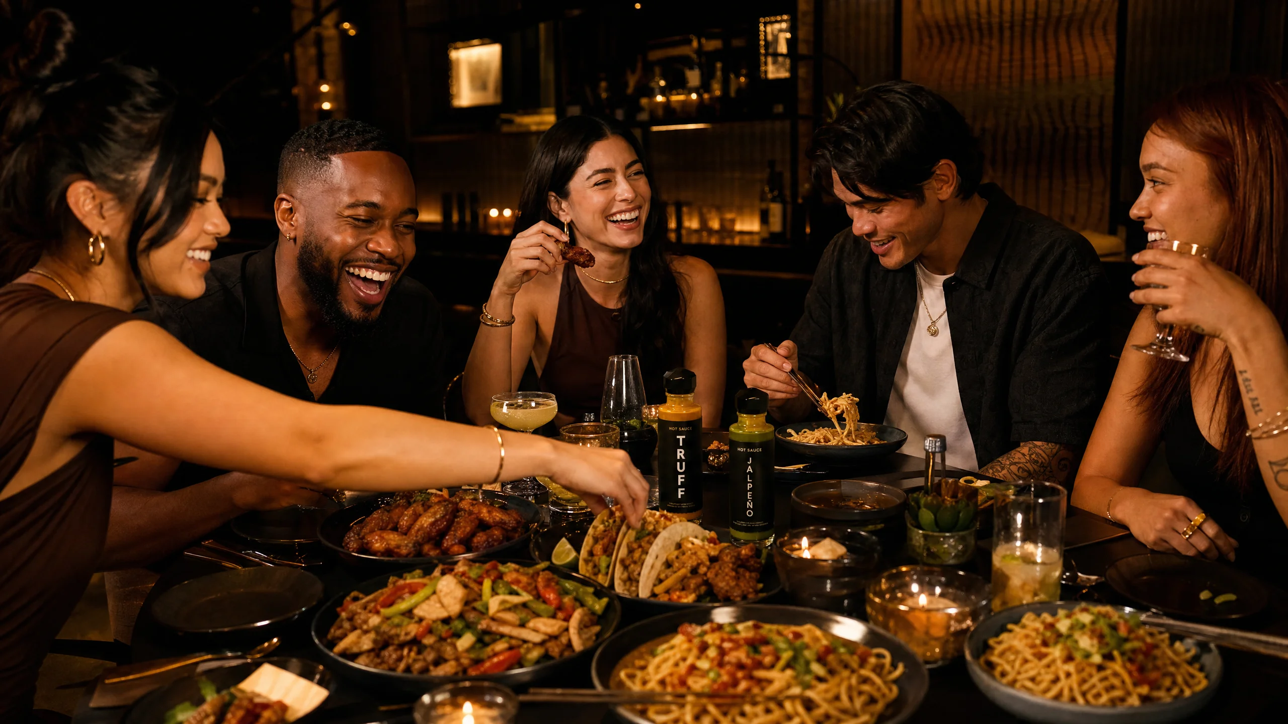 Friends enjoying small-batch Indonesian hot sauce at a dinner gathering — Komodo Sauces artisanal chili sauce elevates every meal